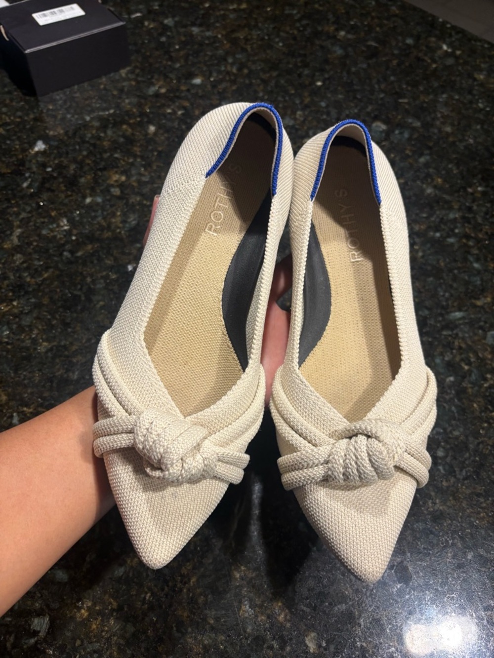 Rothy's Cream Pointed-Toe Flats with Knot Detail and Blue Trim